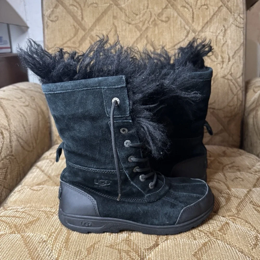 KIDS GIRLS 6 BLACK UGG BUTTE II FLUFF MONGOLIAN SHEEPSKIN BOOTS‎